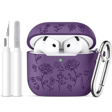 Imagem de Dgege Capa protetora completa de silicone macio para AirPods 4 (2024), capa protetora completa de silicone macio para AirPods 4 com chaveiro e kit de limpeza para mulheres, homens (roxo)