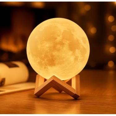 Imagem de Luminária Lua Cheia 3D, Luz Noturna LED, Base de Madeira, Branco Quente