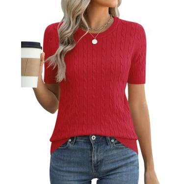 Imagem de Suéter feminino Micoson, manga curta, gola redonda, viscose vermelha