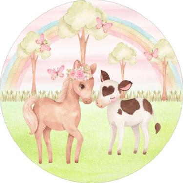 Imagem de Painel de Lona Redondo Fazendinha rosa vaquinha e cavalinho arco íris 
