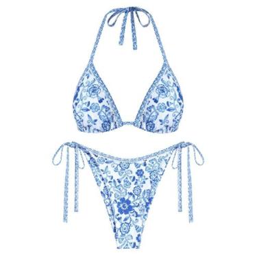 Imagem de Biquíni ZAFUL Triangle para mulheres Halter, 2 peças, azul, floral