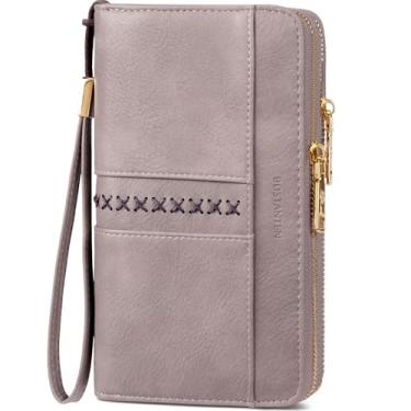 Imagem de BOSTANTEN Carteiras femininas de couro RFID com zíper duplo em torno do porta-cartão de crédito grande capacidade carteira clutch, Roxa, Large