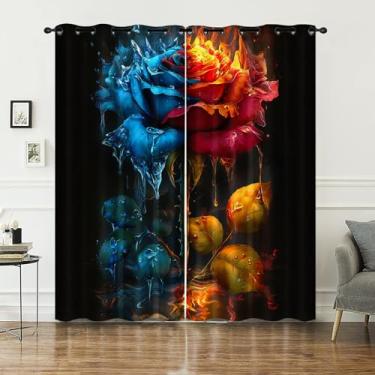Imagem de AILONEN Cortina de janela rosa de fogo e gelo, cortinas de janela com estampa floral vermelha e azul para meninas e mulheres, cortina com ilhós rosa preta impressa em 3D, conjunto de 2 painéis, 107 cm