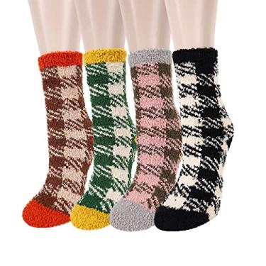 Imagem de Meias femininas divertidas para meninas, meias fofas, fofas, fofas, fofas, fofas, quentes para dormir, Pacote com 4 - xadrez, 6—10