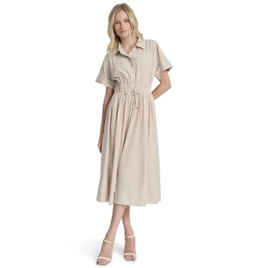 Imagem de DKNY Vestido feminino de manga curta com gola e cordão falso com cordão e botão frontal, Bege elegante, 42