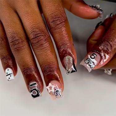 Imagem de RTKHFZE Pregos postiços quadrados curtos pretos, unhas de acrílico com ponta francesa, desenhos de pingentes, unhas postiças, cola feita à mão, brilhante, reutilizável, adesivo, para mulheres, 24