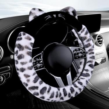 Imagem de Dotesy Conjunto de capa de volante de carro 3D Ear Furry Cheetah, protetor de volante de lã sintética fofa, leopardo, antiderrapante, macio, quente, acessórios para carro para mulheres (branco preto)