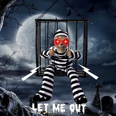 Imagem de XIMISHOP Decoração animada de Halloween, decoração animada de fantasma de caveira com som assustador e sensor ativado por toque, decoração de casa assombrada de prisioneiros para decoração de casa