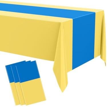 Imagem de Oudain 3 toalhas de mesa descartáveis de plástico 137 x 274 cm para mesas retangulares à prova d'água para formatura Dia da Independência 4 de julho festa de bruxa chá de bebê casamento (azul, amarelo