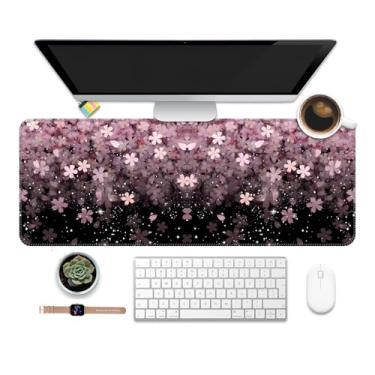 Imagem de ALTEKO Tapete de mouse grande para jogos, tapete de mouse de computador, decoração de protetor de mesa engraçada, almofada de mesa grande e fofa, base antiderrapante 80 x 30 cm flor rosa preta
