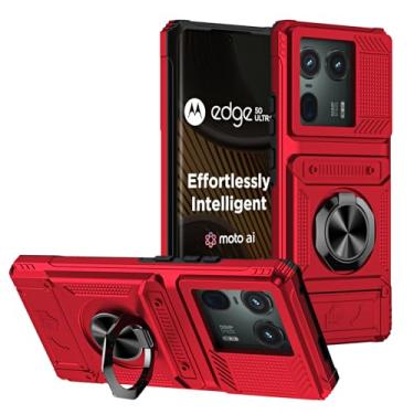 Imagem de SORAKA Capa para Motorola Edge 50 Ultra 5G com suporte de anel para cartão com patch de metal compatível com suporte magnético de telefone para carro capa de proteção contra choque e queda vermelha