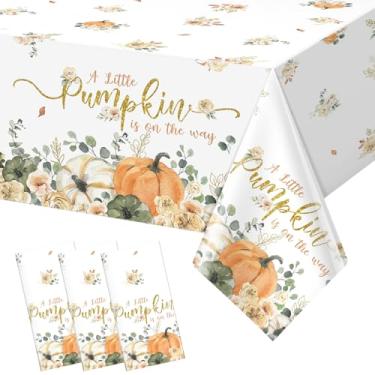 Imagem de Hallswl 3 peças toalha de mesa A Little Pumpkin is On The Way, toalhas de mesa de outono para chá de bebê floral descartável, capas de mesa de plástico para chá de menina doce, decoração de festa de