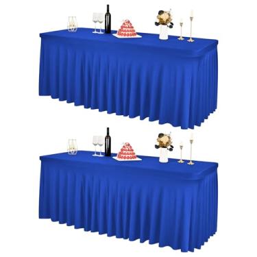Imagem de 2 pacotes de roupas de mesa de elastano azul royal para mesas retangulares de 1,8 m, capa de mesa resistente a rugas, saias de mesa elásticas laváveis para casamentos, festas, banquetes, festivais de