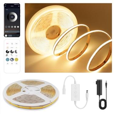 Imagem de Pandery Fita de LED COB branca quente, kit de fita de luz LED regulável de 24 V com controle remoto e aplicativo, 2700K 9,84 pés/3 m 8 mm de largura Ra> 90 fitas flexíveis cortáveis para quarto, luzes