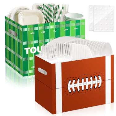 Imagem de 2 peças de suporte de utensílios de papel para utensílios de futebol para artigos de festa de futebol, porta-talheres com alças, verde, marrom, lembrancinhas de festa, caixa de lanche, organizador