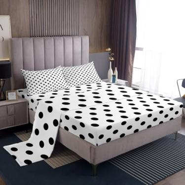 Imagem de Manfei Jogo de lençol King de bolinhas pretas, desenho de bolinhas francesas, decoração de quarto, círculos geométricos, preto e branco, arte simples, lençol com elástico, 2 fronhas