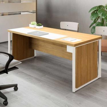 Imagem de Mesa Diretor 180cm com Caixa de Tomadas e Porta Objetos para Escritório Corporate Macadâmia/Branco