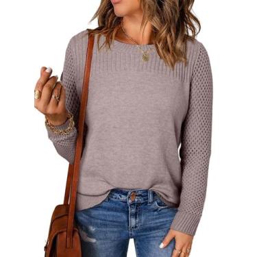 Imagem de Suéter feminino EVALESS, casual, manga comprida, gola redonda, cinza f