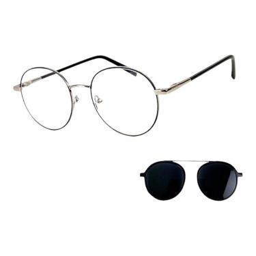 Imagem de Armação Óculos Grau Masculino Redondo 2 Em 1 Harry Prata