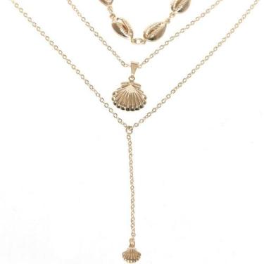 Imagem de Colar Triplo Choker Buzios e Concha Do Mar Folheado Ouro - Milena Joia