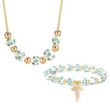 Imagem de WCRAZYE Conjunto de colar e brincos de laço de cerâmica dourada para mulheres flor vintage azul e branco porcelana esmalte fita brinco joia romântica, Medium, Liga de aço, Sem Pedra Preciosa