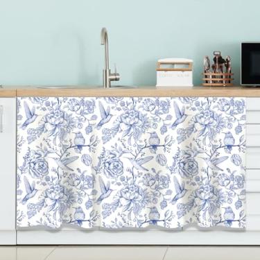 Imagem de FYSUIMU Cortinas de armário florais azuis chinoiserie flor pássaro pia saia branca azul saia de mesa para cozinha, banheiro, lavanderia, sala de aula, 71 x 129 cm