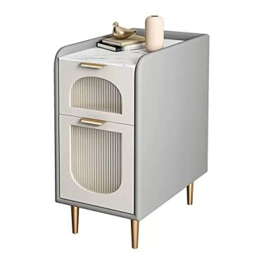 Imagem de Mesa de cabeceira cinza moderna, mesa de cabeceira para quarto, mesa de cabeceira para quarto, design ultra estreito de couro artificial para sala de estar, mesa lateral com 2 gavetas, mesa de