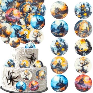 Imagem de Ephlyn 54Pcs Edible Halloween Cupcake Toppers Wafer Paper Castle Cupcake Picks Edible Bat Cake Decorations for Baby Shower Birthday Halloween Party Cake Food Decorations Supplies Black Orange