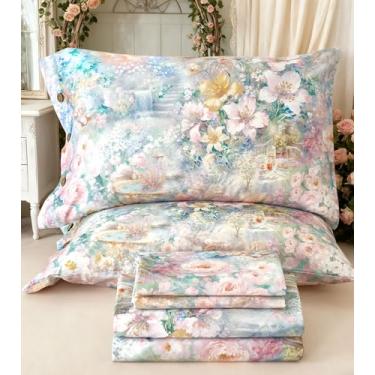 Imagem de Zusbest Jogo de lençol floral tamanho casal 400TC 100% algodão tipo flanela quente luxo rosa verde botão lençol de cama 4 peças, duplo escovado extra macio respirável campo francês cottagecore bolso