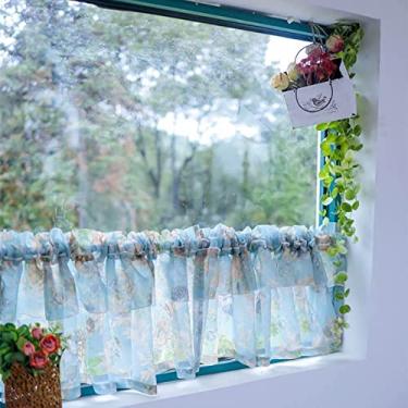 Imagem de Cortina de cozinha curta cortinas de nível azul cortinas de meia janela de chiffon cortinas de café de cozinha de renda cortinas de design semitransparente cortina pequena bordada, azul W300 cm * A 40