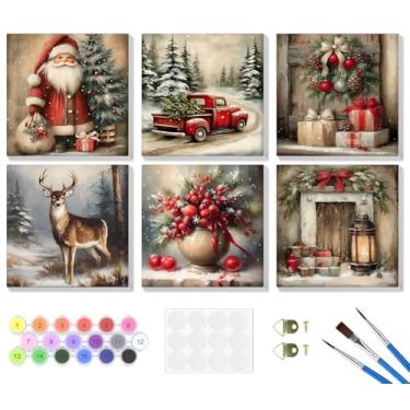 Imagem de Bowetile Pacote com 6 tintas emolduradas de Natal por números para adultos iniciantes, kits fáceis de pintar por números em tela, kits de artesanato de pintura com números acrílicos, presentes de