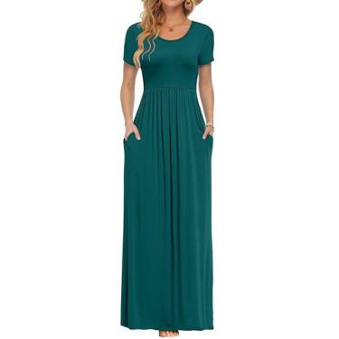 Imagem de Vestido longo AUSELILY feminino de manga curta solto, liso, verde escu