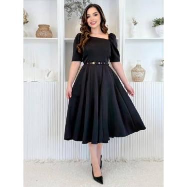 Imagem de Vestido Midi Social Elegante Decote Quadrado Assimétrico de Festa Conv