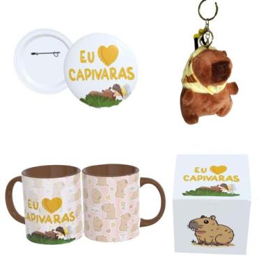 Imagem de Kit Completo Capivara  Caneca Estampada, Botton 4,4cm, Pelúcia de Capi