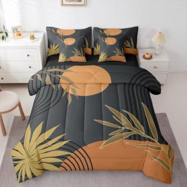 Imagem de Conjunto de edredom Queen marrom e preto de meados do século, cama boho moderna abstrata em uma bolsa, conjunto de cama de geometria minimalista, inclui edredom, conjunto de lençol, fronhas e fronhas