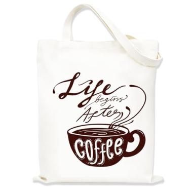 Imagem de Sacolas de lona estampadas para mulheres, sacolas de compras de lona, sacola de compras reutilizável para viagens, compras, trabalho, academia - Life Begins After Coffee