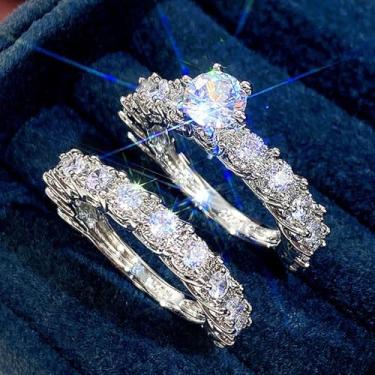 Imagem de Um conjunto de anéis de noivado de zircônia cúbica branca banhada a ouro branco, alianças de compromisso, festas noturnas, presentes de dia dos namorados, alianças de eternidade para mulheres, 8