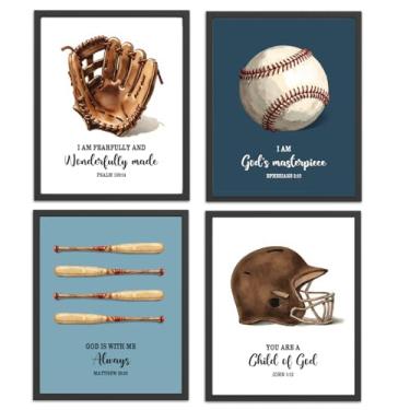Imagem de Conjunto de 4 impressões de arte de parede de beisebol cristão com escrituras esportivas para decoração de parede para quarto de meninos presente de beisebol para sala de aula academia sala de jogos