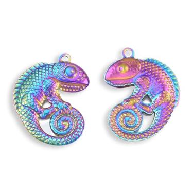 Imagem de 2 pingentes para fazer joias, 201 pingentes de aço inoxidável, lagarto, cor arco-íris, para mulheres, colar faça você mesmo, pulseira, brinco, joias, artesanato, 30 x 24,5 x 3 mm, orifício: 1,8 mm