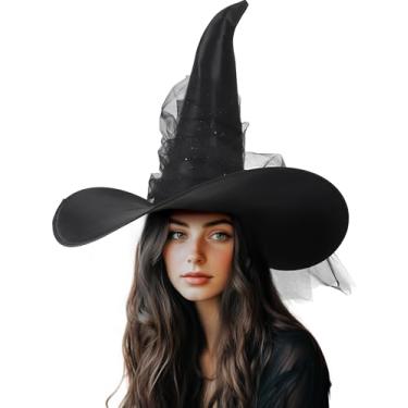 Imagem de JPXH Chapéu de bruxa preto feminino adulto chapéu de bruxa fantasia de Halloween acessório de festa