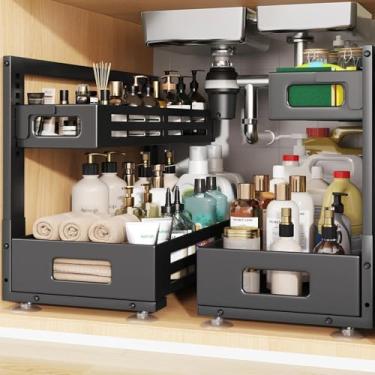 Imagem de Biboraya Pacote com 2 organizadores de pia de 53 cm de profundidade, organizador de armário com trilho cilíndrico liso, gaveta deslizante de metal para cozinha, banheiro, lavanderia, altura ajustável