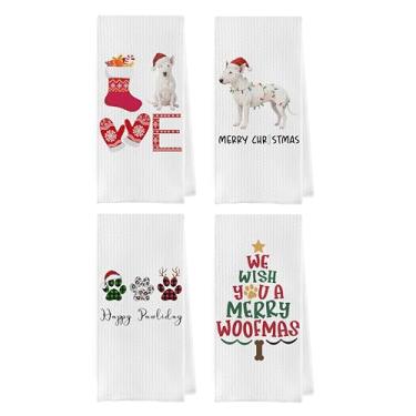 Imagem de Geqtt Conjunto de toalhas de cozinha de bull terrier de Natal – presentes de bull terrier waffle, toalha de chá de mão de árvore de cachorro de Natal, 40,6 x 61 cm, conjunto de 4