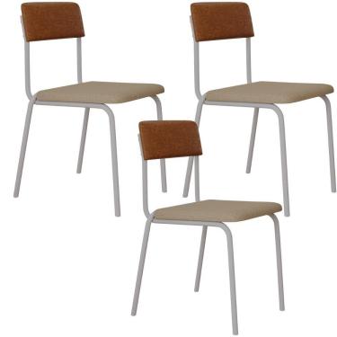 Imagem de Kit 03 Cadeiras Estofada Para Sala De Jantar Sense Branco C01 Linho Areia Courino Caramelo - Lyam Decor