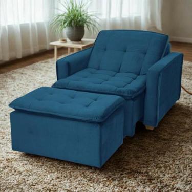 Imagem de Poltrona Cama Retrátil Reclinável Com Puff Suede Azul Descanso - Larbe