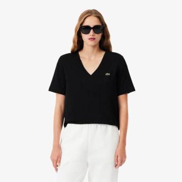 Imagem de Camiseta de Algodão com Gola V e Caimento Relaxado - Lacoste, 42, Pret