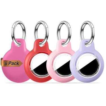 Imagem de MOLOSLEEVE [Pacote com 4] Capa de suporte de Airtag com chaveiro, à prova d'água, antiarranhões e choques, acessórios para rastreadores de itens GPS para mochilas, rosa vermelho/vermelho/rosa flor