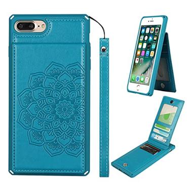 Imagem de Jaorty Capa carteira para iPhone 7 Plus/8 Plus com compartimento para cartão com bloqueio de RFID, botões magnéticos de couro sintético floral com suporte de retrato e alça de pulso para iPhone 7 Plus 5,5 polegadas, azul mandala