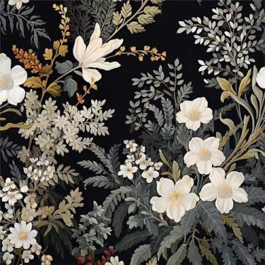 Imagem de Yzogbry Papel de parede vintage com flores pretas e brancas, folhas verdes, papel de parede, autoadesivo, papel de parede, fácil de descascar, contato para apartamento de locatário