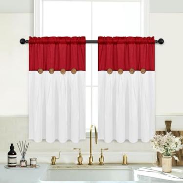 Imagem de FRAMICS Farmhosue Cortinas de cozinha 91 cm de comprimento, cortinas de linho de algodão rústico, cortina curta com botão boho para janelas, cortina de janela pequena com bolso de haste, vermelha e