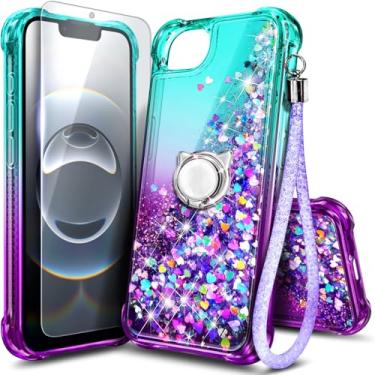 Imagem de Capa NGB projetada para iPhone 16e, água/roxo | Capa fofa com glitter líquido brilhante para mulheres, meninas e crianças | com protetor de tela de vidro temperado, suporte de anel e alça de pulso